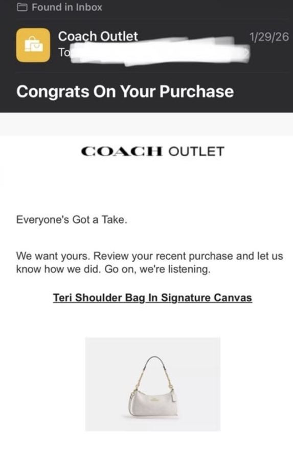 Email proof of a Coach Outlet reward confirmation